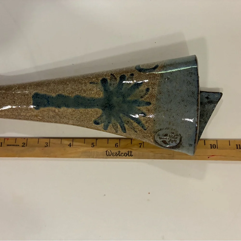 Pottery Wall Pocket Vase Blue Palm Tree with Brown Blue Backdrop S.C. Tree/Moon